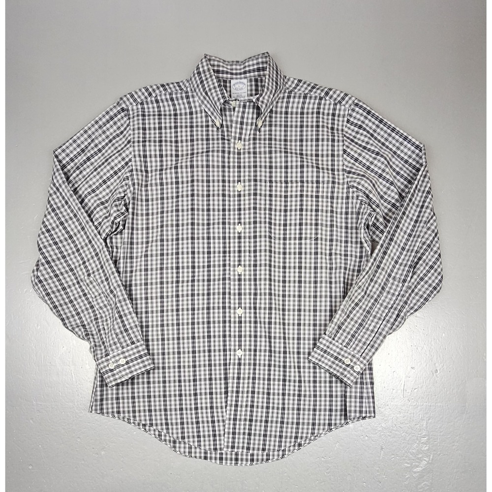 Brooks Brothers Button Down Shirt Mens XL White Black Plaid Slim Fit Long Sleeve